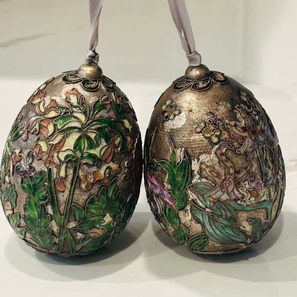 Vintage Cloisonne Enameled Eggs Floral Bumble Bees, Gold Plated Copper 3” - Picture 1 of 8